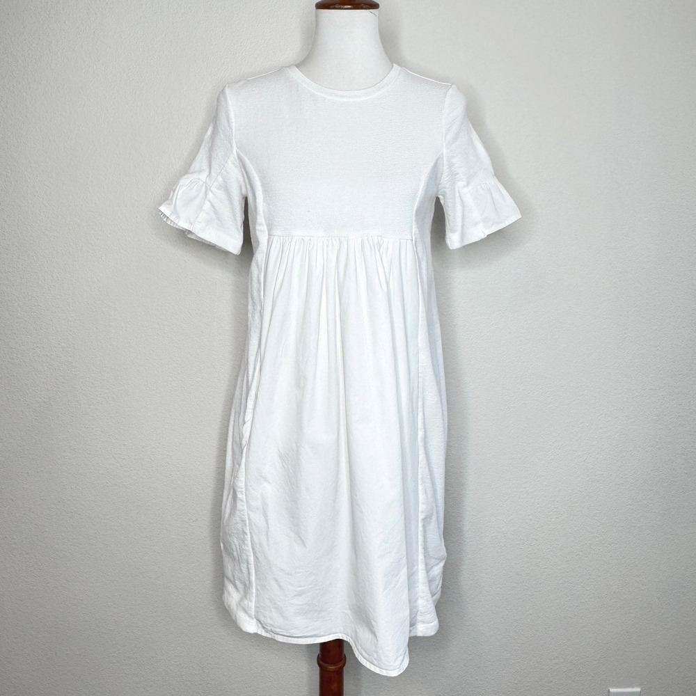 ENGLISH FACTORY Mixed Media Mini Babydoll Dress SMALL White Ruffled‎ SS Cottage